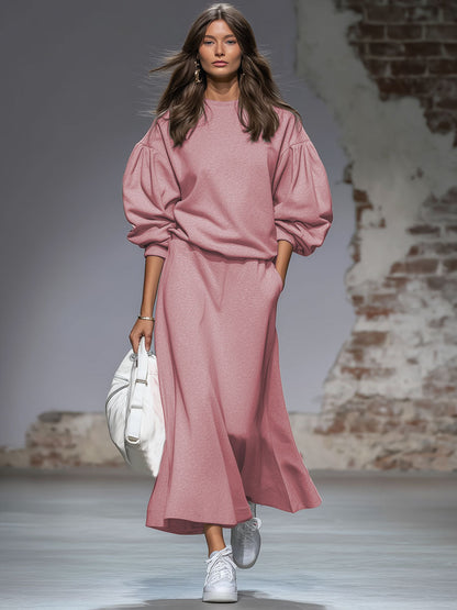 Ensemble Rétro : Sweatshirt à Col Rond et Jupe à Manches Bouffantes en Rose