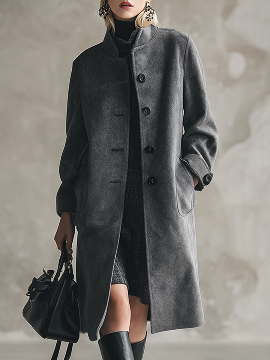 Élégant Manteau en Laine Gris Foncé avec Col Montant et Boutonnage