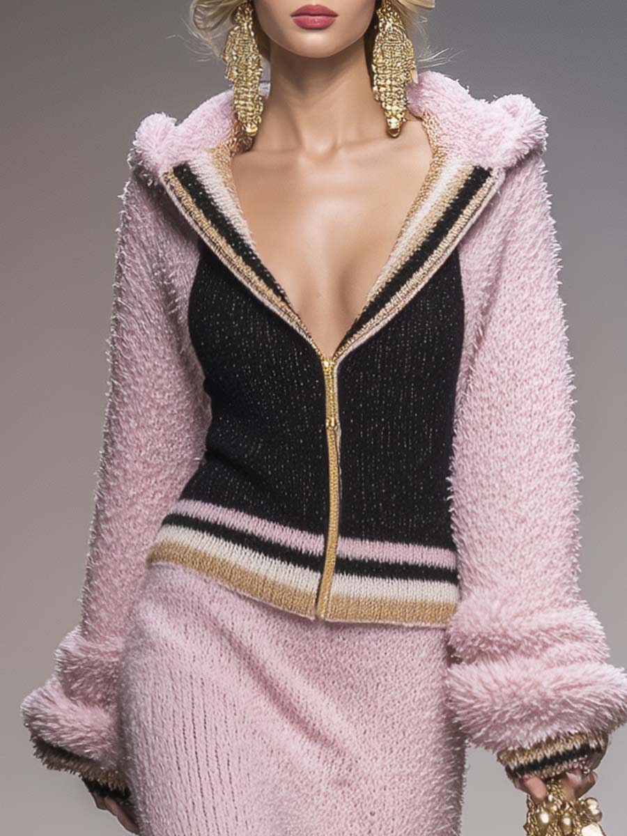 Ensemble Sportif Rétro Chic : Sweat à Capuche Zippé et Jupe Coordinée