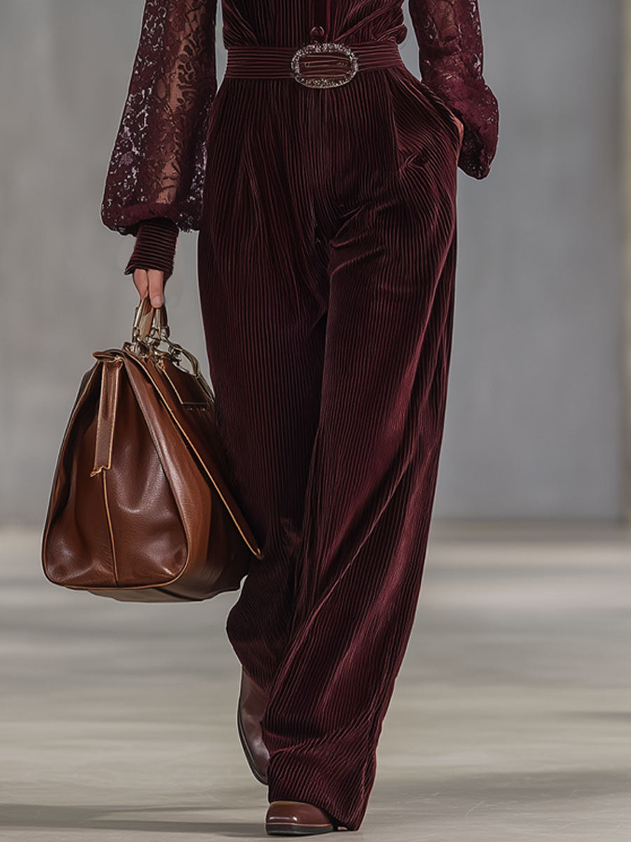 Combinaison Pantalon Large en Velours Côtelé Rouge Vin avec Détails en Dentelle et Manches Longues – Style Rétro