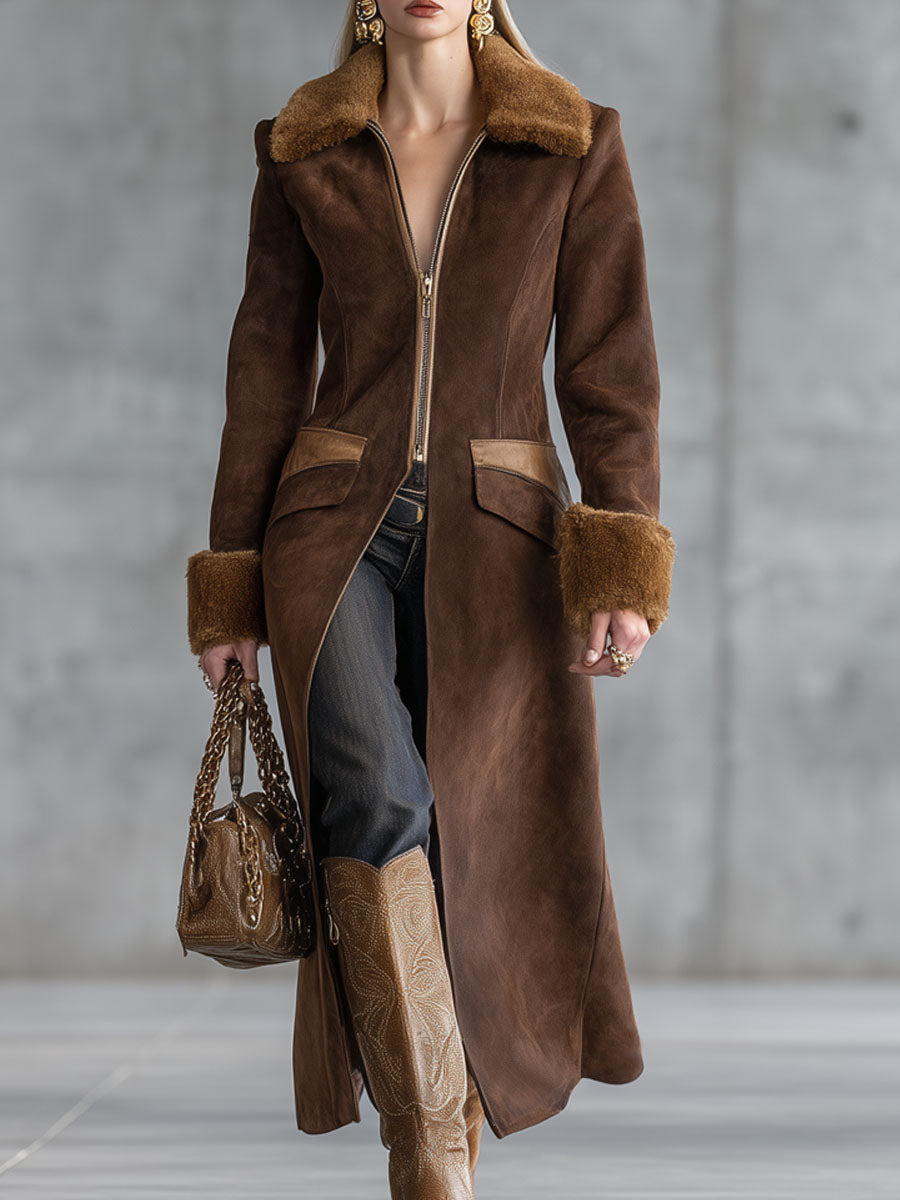 Veste Zippée en Suède avec Col en Fourrure Synthétique