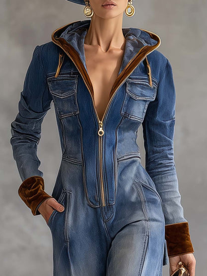 Combinaison Vintage en Jean Bleu avec Capuche, Col en V et Détails en Velours