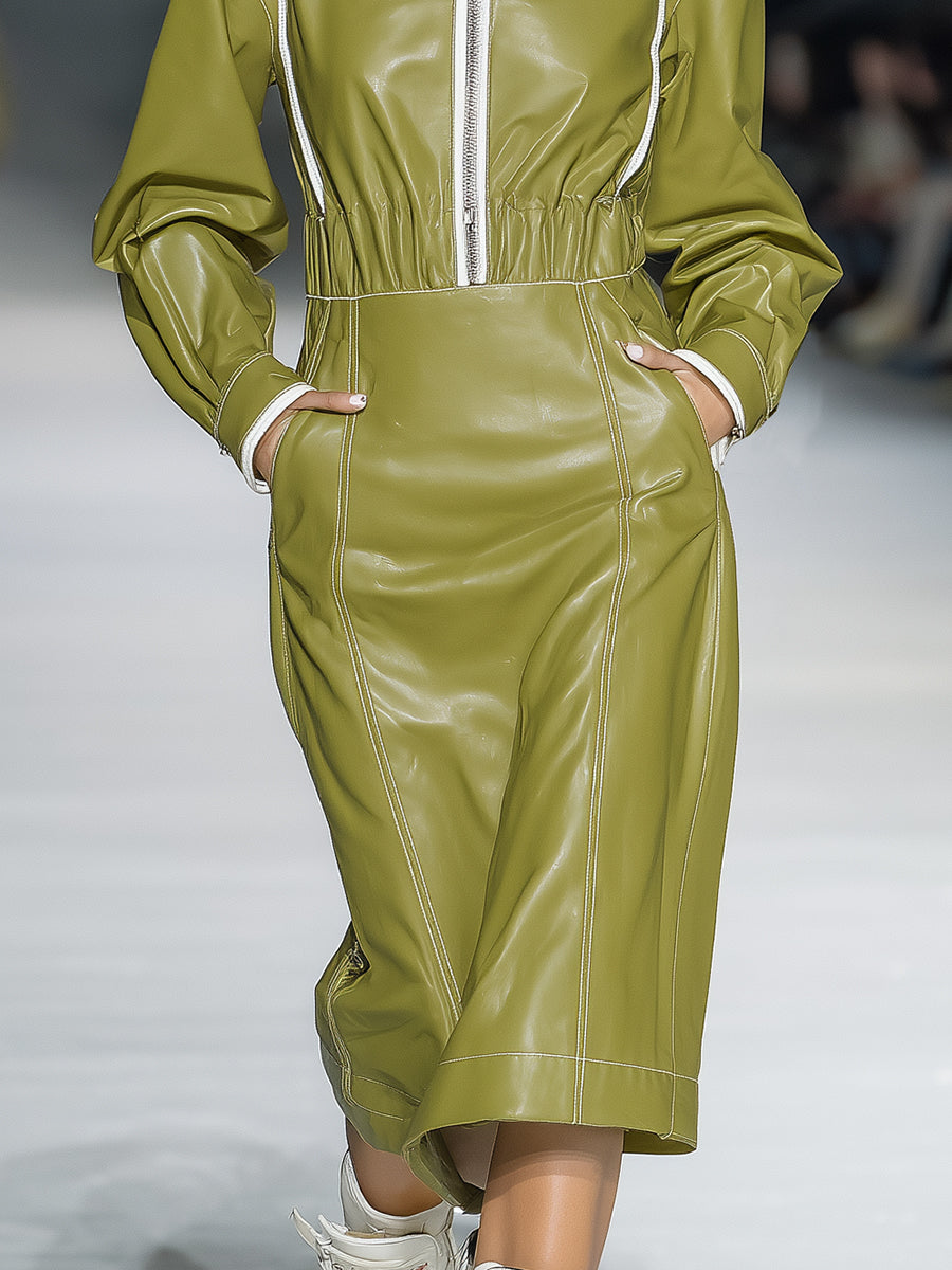 Veste Midi à Capuche en Similicuir Vert : Style Sportif et Tendance