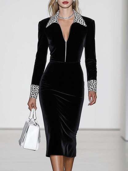 Robe Midi Vintage en Velours Noir à Col V et Manches Longues Élégantes