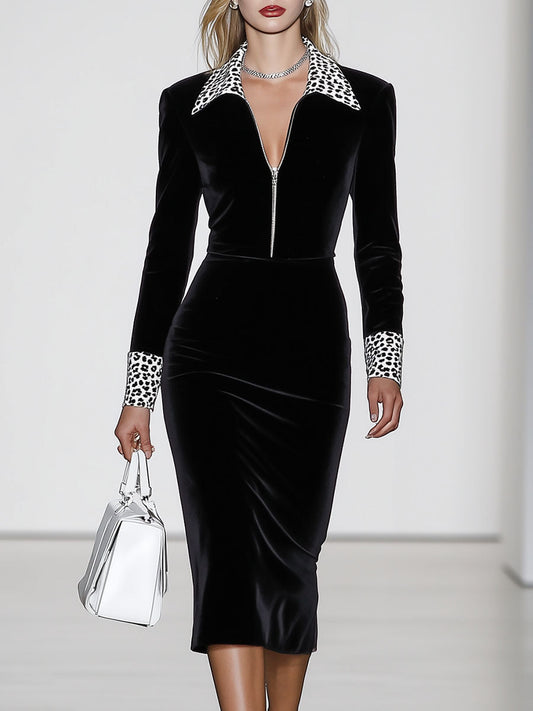 Robe Midi Vintage en Velours Noir à Col V et Manches Longues Élégantes