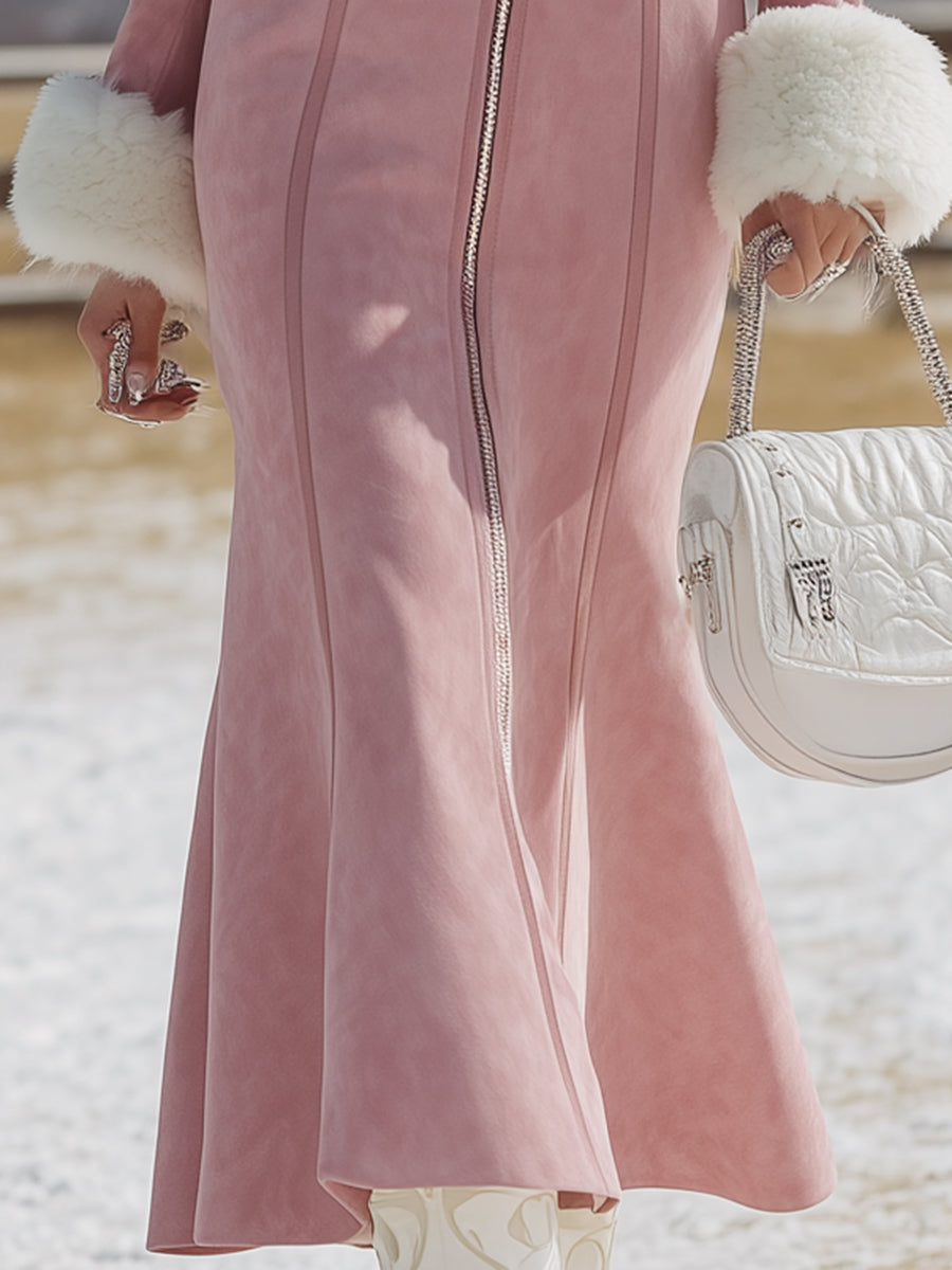 Robe Maxi en Suédine Rose avec Détails en Fourrure de Lapin Synthétique