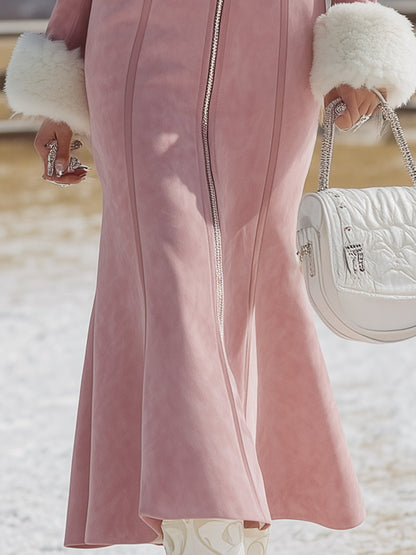 Robe Maxi en Suédine Rose avec Détails en Fourrure de Lapin Synthétique