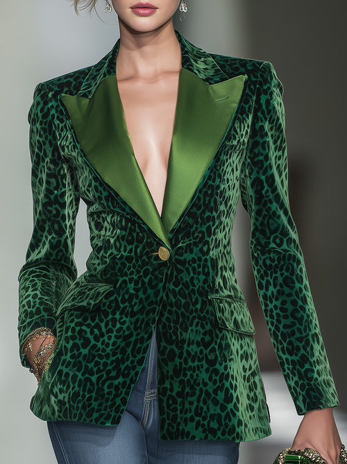 Élégant Blazer en Velours à Imprimé Léopard Vintage