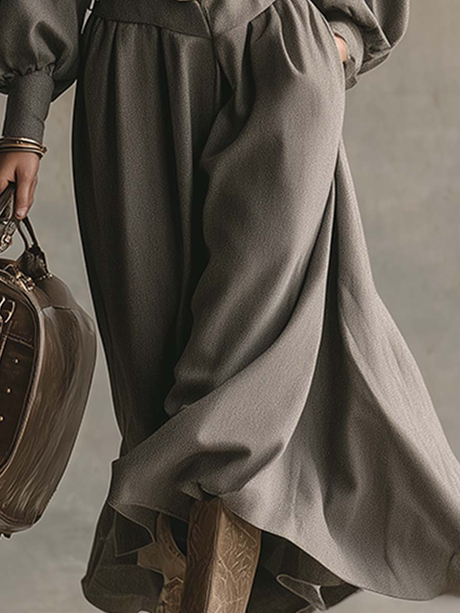 Robe Maxi Élégante en Laine Grise avec Col Boutonné