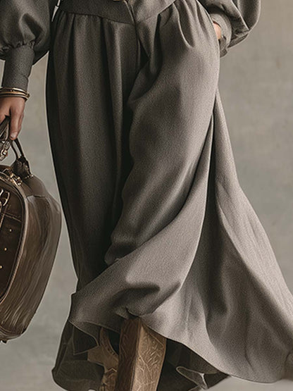 Robe Maxi Élégante en Laine Grise avec Col Boutonné