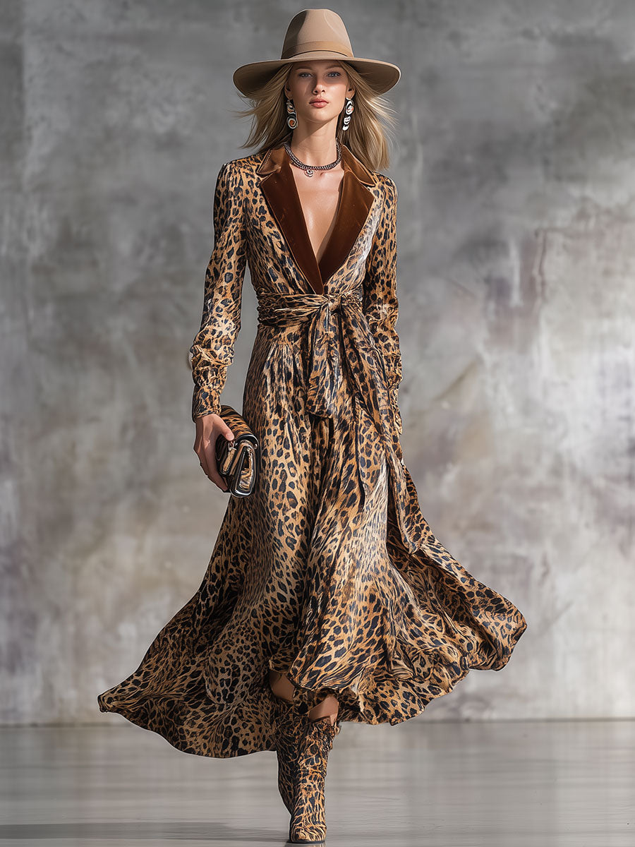 Robe Midi Rétro en Velours à Imprimé Léopard avec Col Élégant