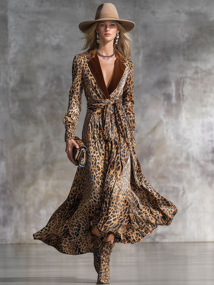 Robe Midi Rétro en Velours à Imprimé Léopard avec Col Élégant