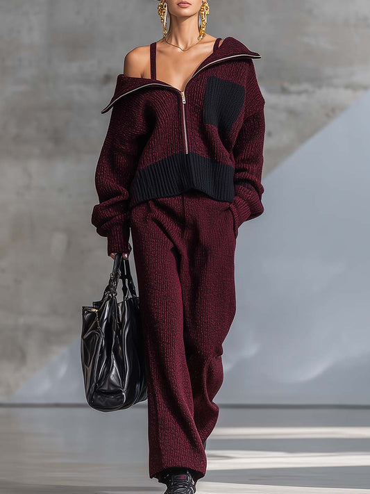 Ensemble Chic en Tricot Bordeaux avec Zip Avant et Col Off-Shoulder