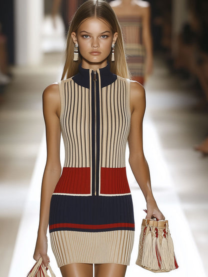 Robe Mini Tricot Sans Manches à Rayures Contrastées - Style Rétro Décontracté, Expédition Rapide sous 24h