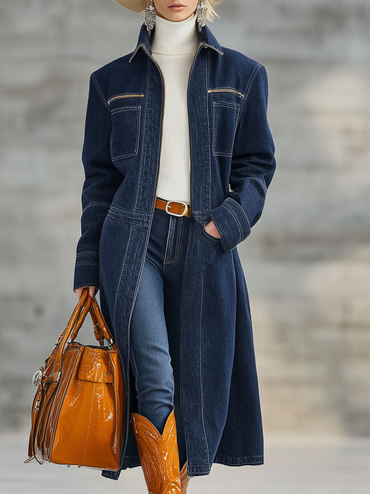 Veste en Denim Bleu Marine à Demi-Zip - Style Décontracté Rétro