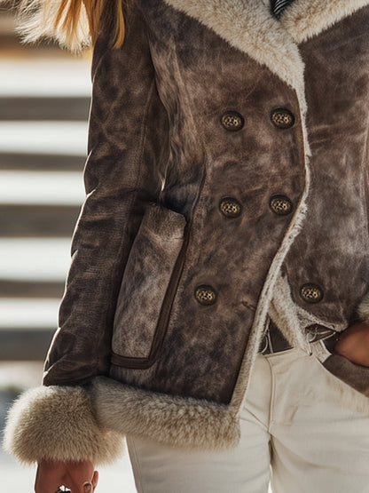 Veste Marron Foncé à Double Boutonnage avec Détails en Peluche Rétro