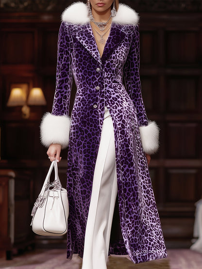 Long Velvet Leopard Print Coat in Purple with Luxe Faux Fur