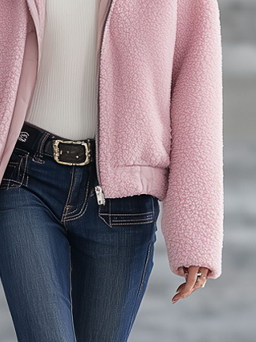 Veste Polaire Rétro à Capuche Zippée Rose