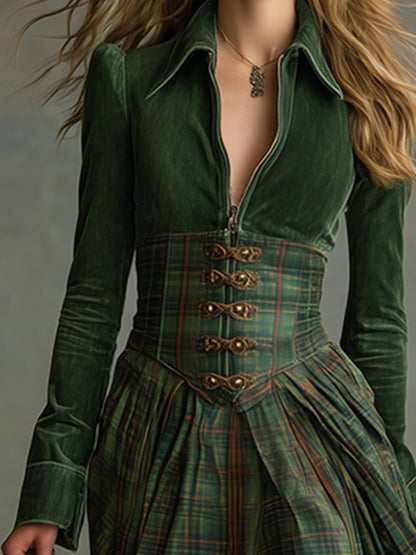 Robe Maxi en Suédine Verte Ethnique avec Col Plaid - Style Rétro