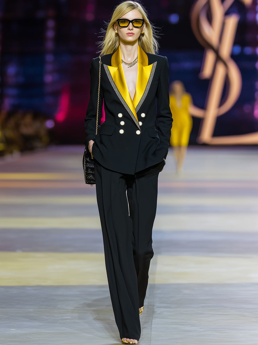 Veste Noir Élégante à Col Contrasté et Double Boutonnage