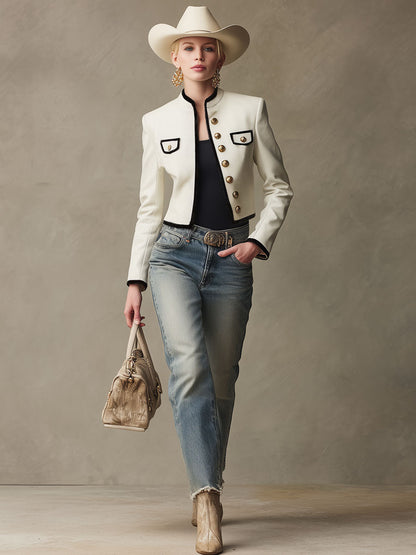 Veste en PU à col montant avec boutonnière simple et accents de couleur contrastée