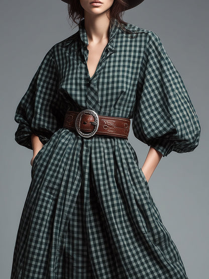 Robe Maxi à Manches Bouffantes en Tartan Vert Vintage