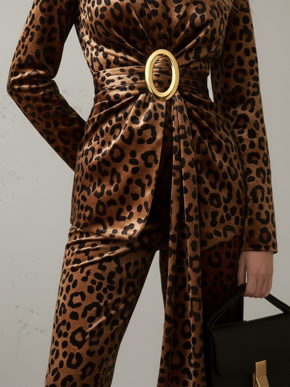Veste et Pantalon en Velours à Motif Léopard Rétro