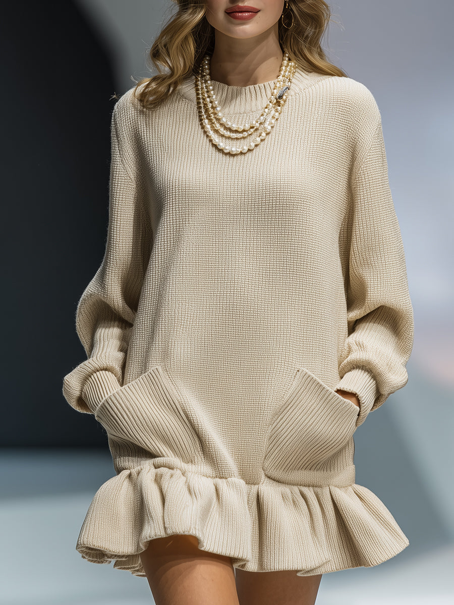 Robe Romantique Khaki Clair à Volants en Tricot Mini