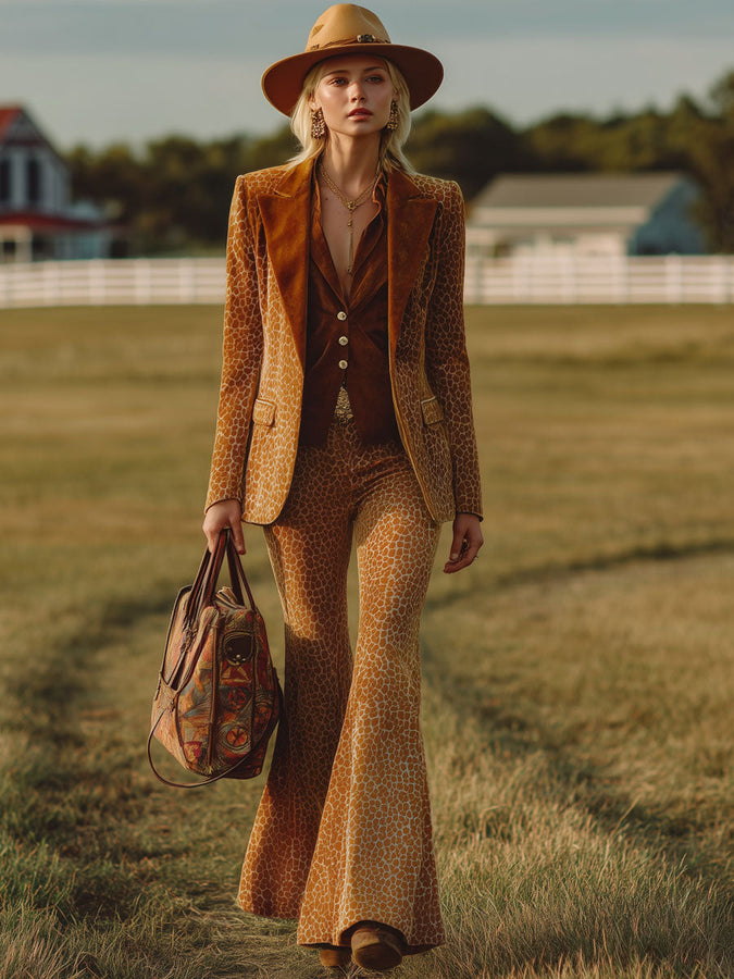 Veste en Velours Léopard Orange au Style Western Rétro avec Pantalons Évasés