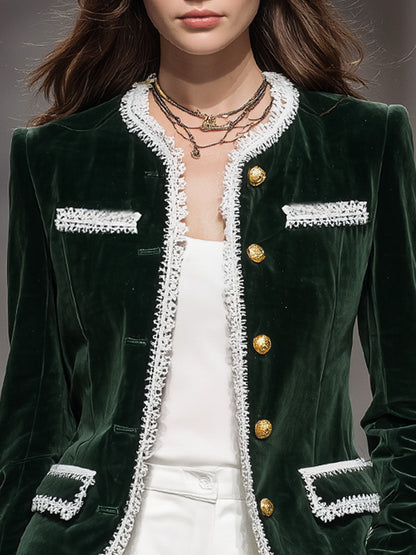 Veste Velours Chic à Lacets, Col Rond et Poches Pratiques