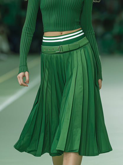 Ensemble Tunique Tricotée Éclatante en Vert avec Jupe Plissée Chic