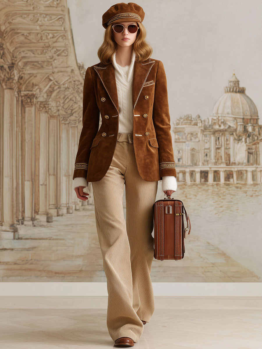 Veste en Suède Synthétique Caramel à Bordure Dorée Vintage