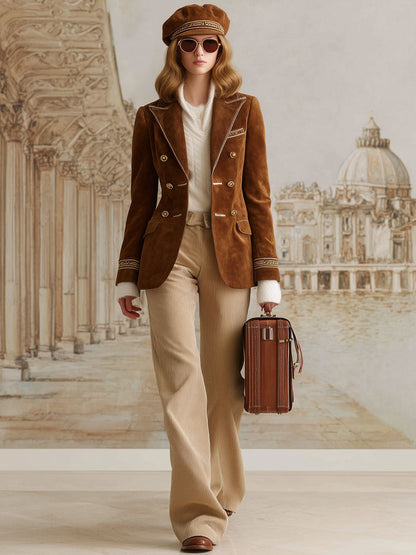 Veste en Suède Synthétique Caramel à Bordure Dorée Vintage