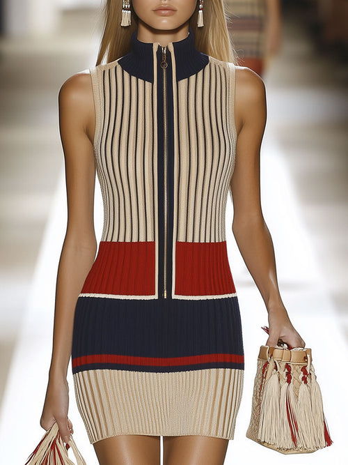 Robe Mini Tricot Sans Manches à Rayures Contrastées - Style Rétro Décontracté, Expédition Rapide sous 24h