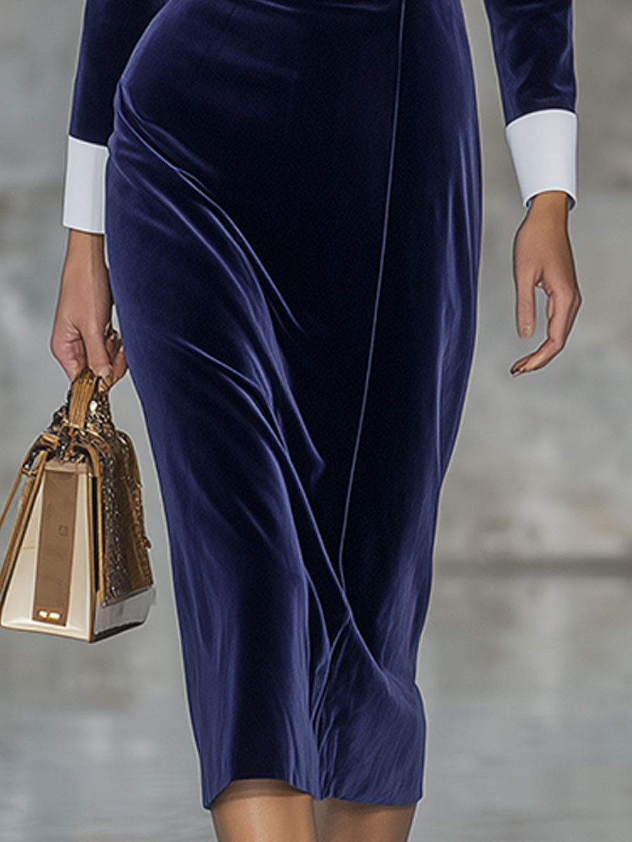 Robe Midi Velours Bleu Élégante au Style Rétro avec Col Contrasté et Double Boutonnage