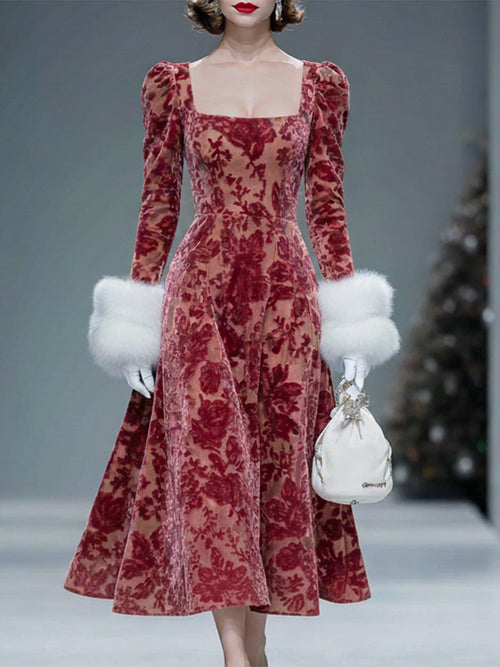 Robe Midi en Velours Dévoré Rose avec Col Carré en Fourrure Luxueuse