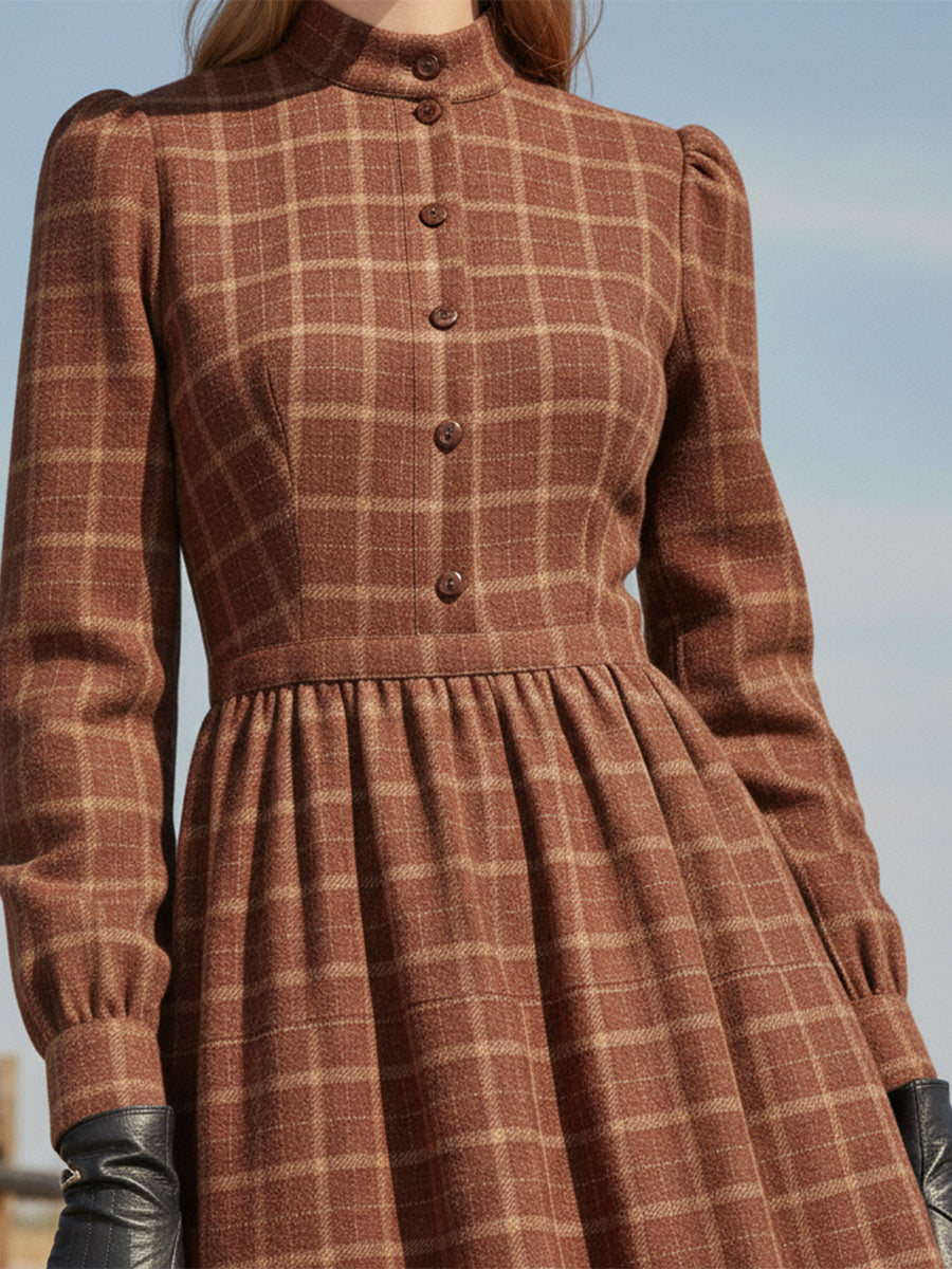 Robe Maxi Boutonnée en Plaid Rouge Rouille avec Col Rond