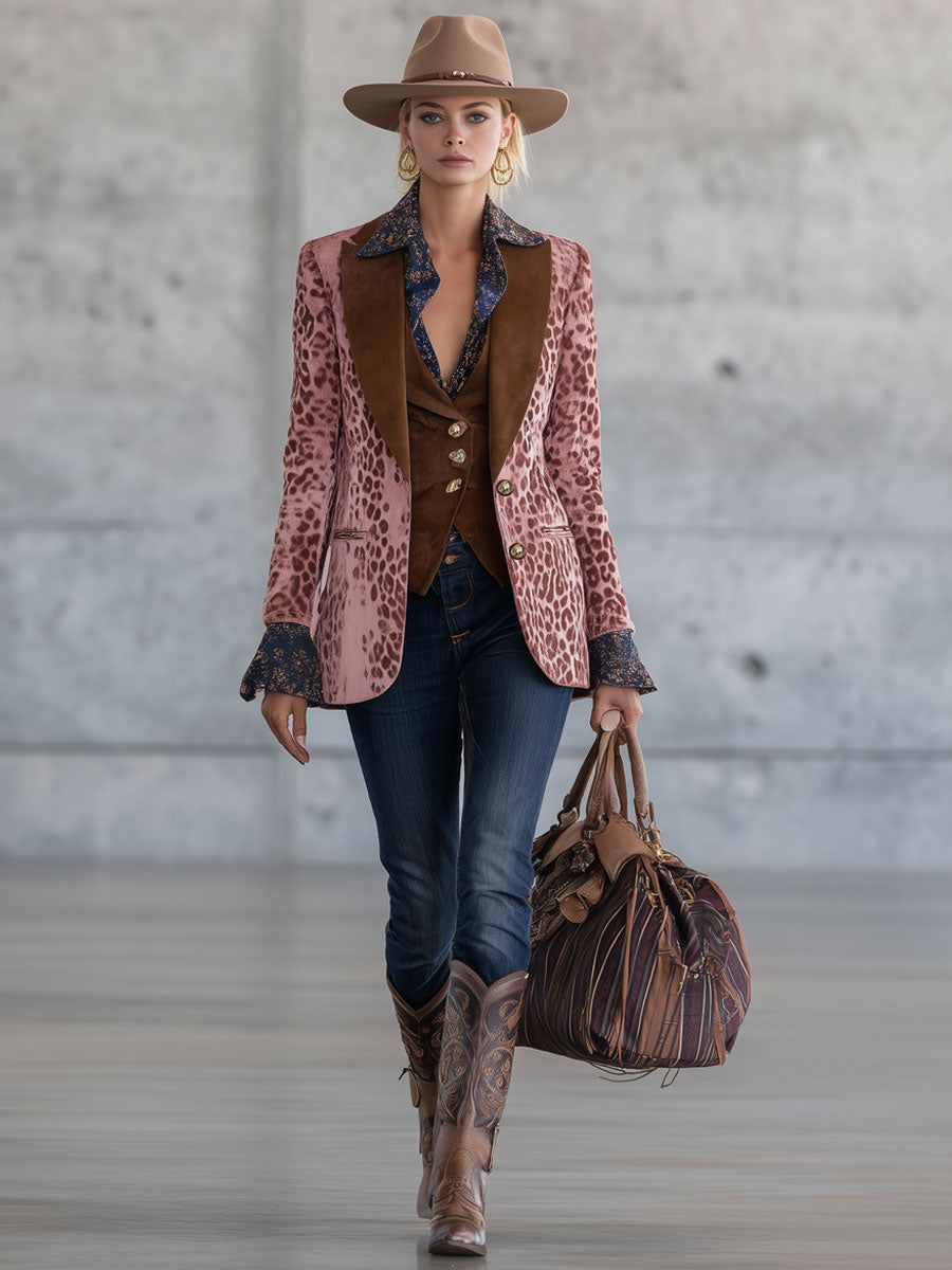 Veste Velours Rose à Imprimé Léopard - Chic Nomade Urbain avec Détails Marron