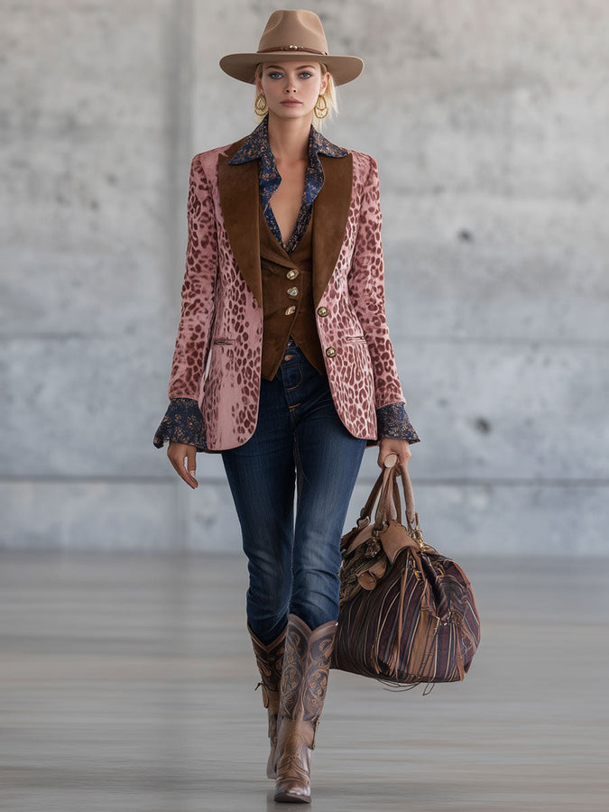 Veste en Velours Rose à Imprimé Léopard - Chic Rétro Urbain avec Revers Marron