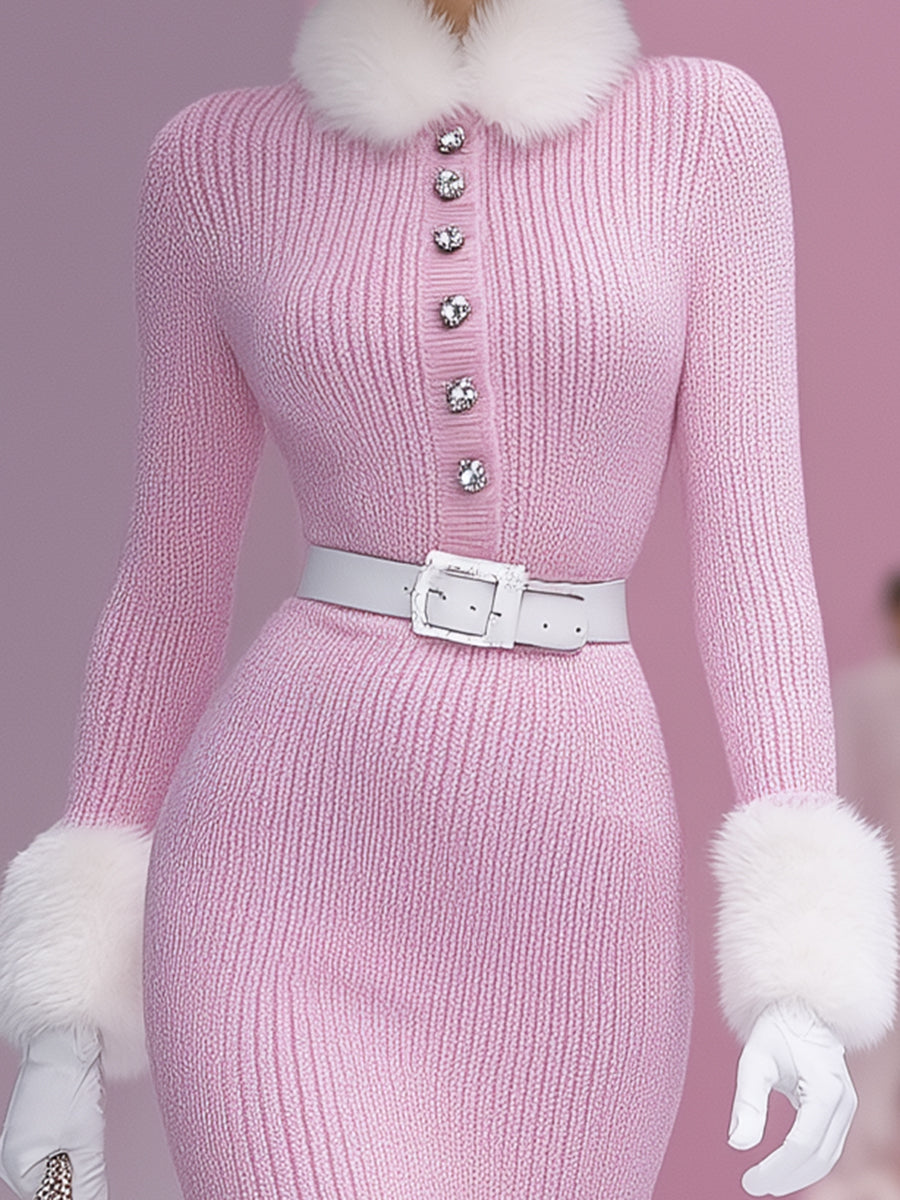 Robe Midi en Fausse Fourrure de Lapin avec Détails Roses et Boutons-Pression Élégants