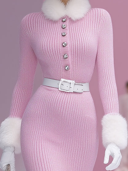 Robe Midi en Fausse Fourrure de Lapin avec Détails Roses et Boutons-Pression Élégants