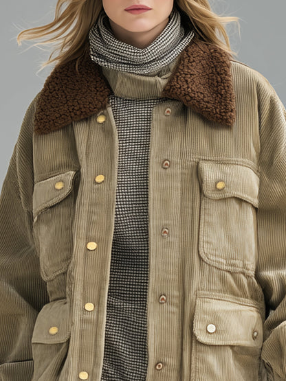 Veste Vintage en Velours Côtelé Marron avec Col en Laine d'Agneau Kaki et Poches Pratiques