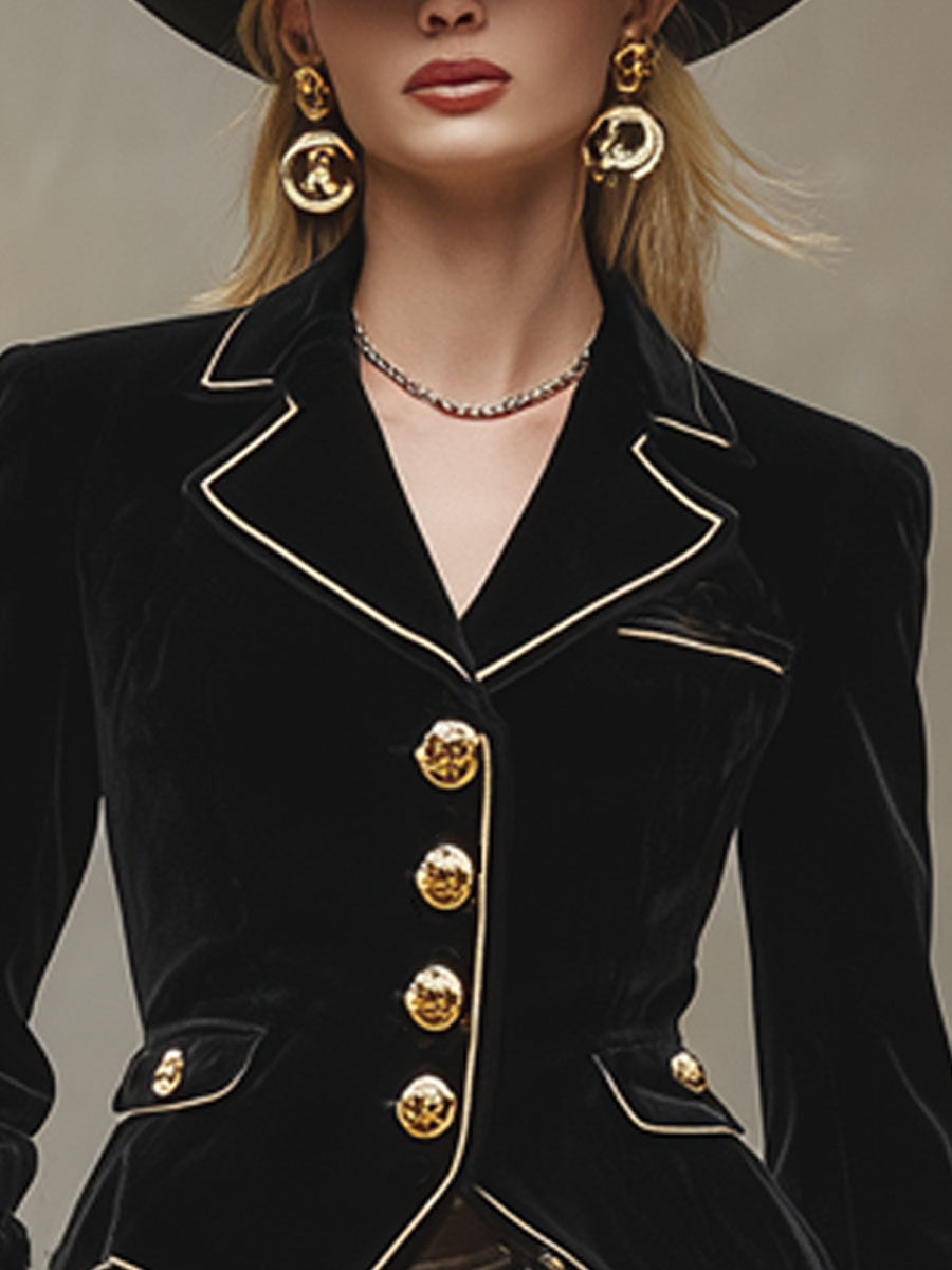 Blazer Noir en Velours à Revers Classique avec Éléments Dorés