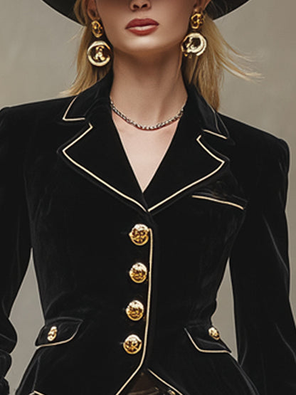 Blazer Noir en Velours à Revers Classique avec Éléments Dorés