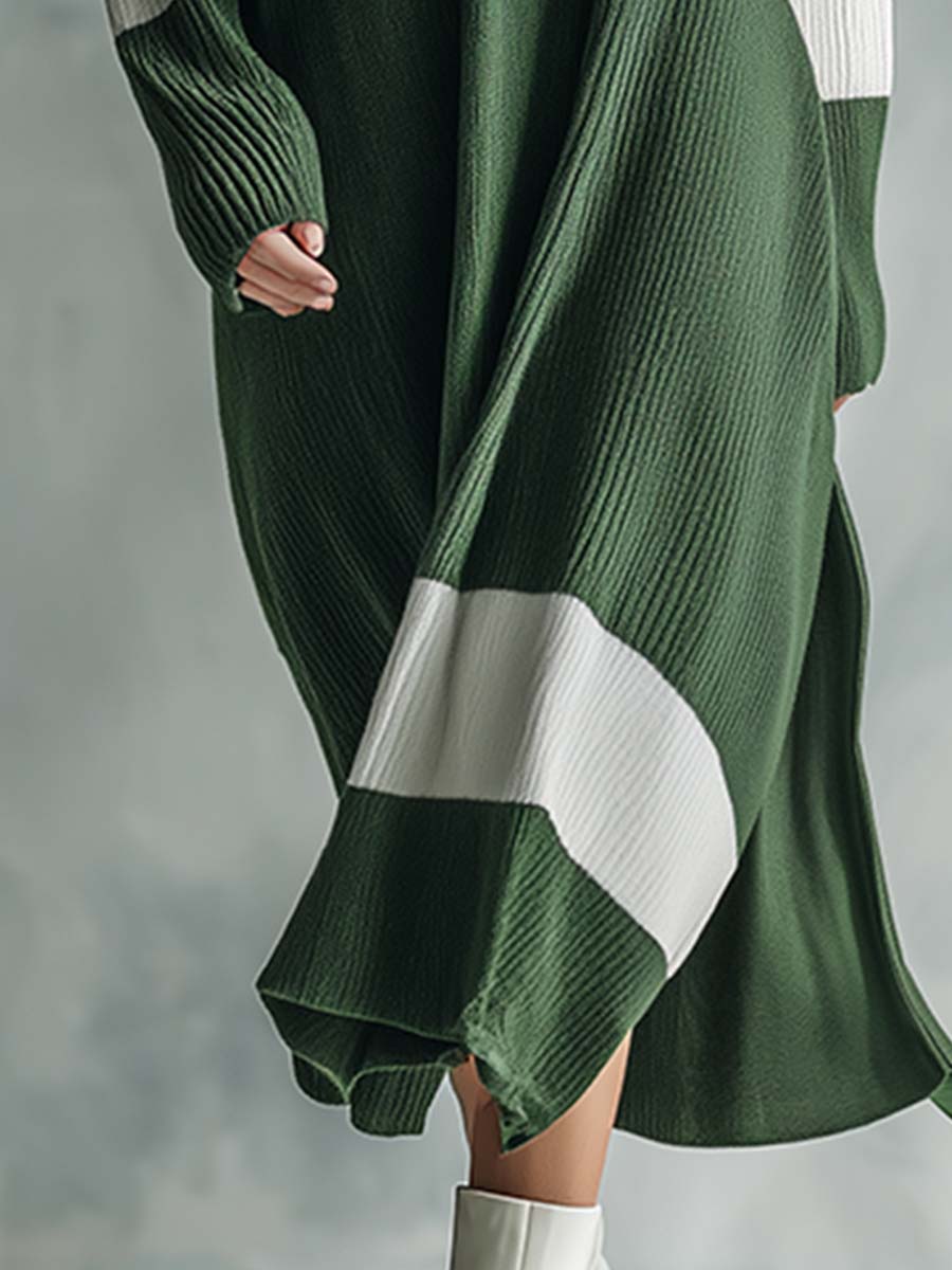 Robe Maxi Tricotée Élégante avec Col Montant Contrasté en Vert