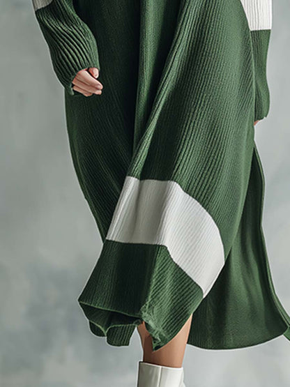 Robe Maxi Tricotée Élégante avec Col Montant Contrasté en Vert