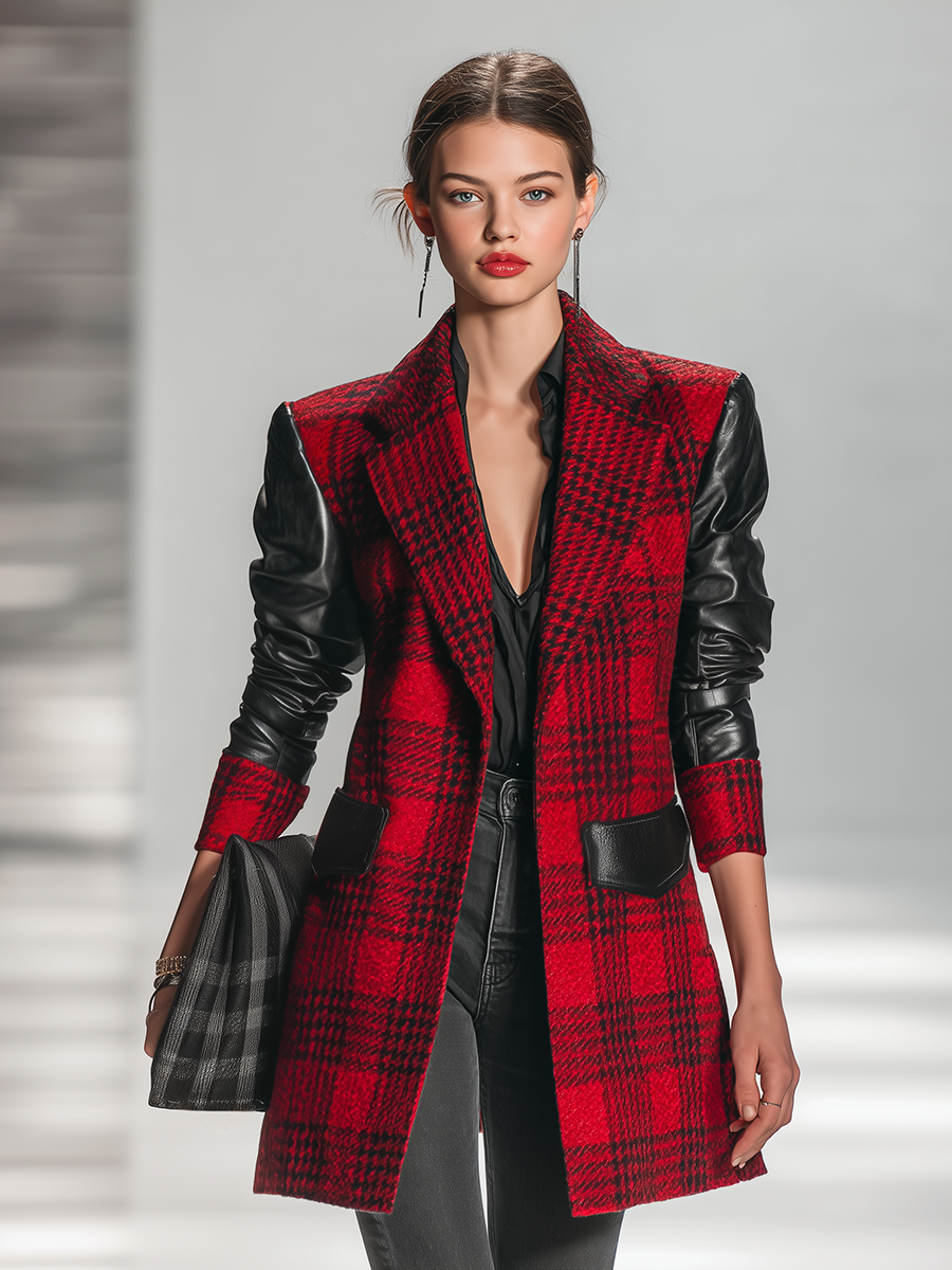 Veste mi-longue en patchwork de cuir synthétique à carreaux au style rétro