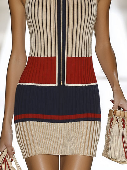 Robe Mini Sans Manches en Tricot à Rayures Contrastées – Style Rétro Décontracté, Expédition Rapide en 24h