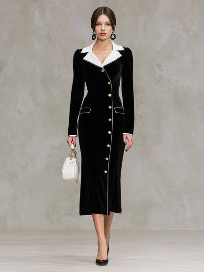 Maxi Robe en Velours Noir Élégante avec Détails en Col Blanc