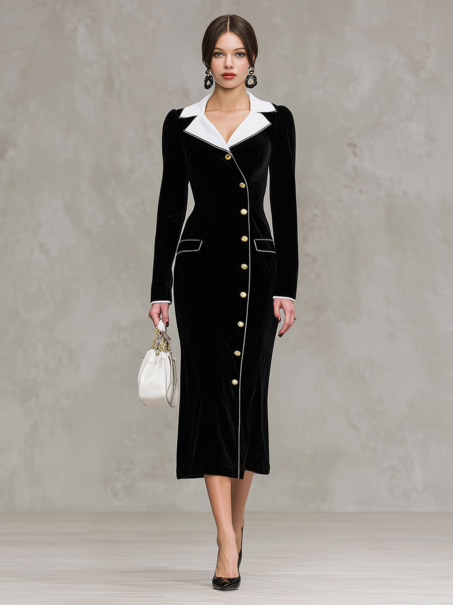 Maxi Velour Robe Noir avec Col Blanc Élégant et Détails Contrastants